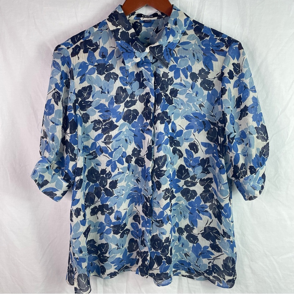 CHAPS Women's Floral Sheer Button Short Sleeves Blouse Shirt Top Size XL Blue